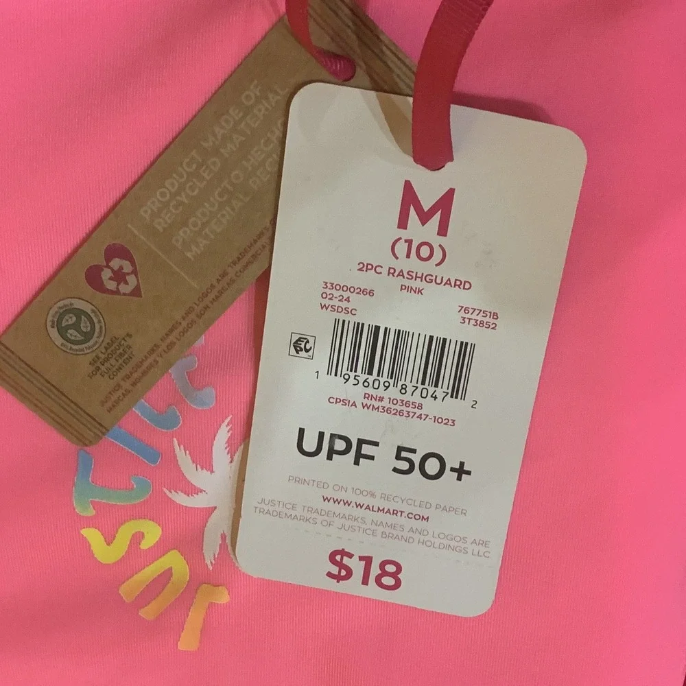 Justice Long Sleeve Rashguard with Bikini Bottom Swimsuit Medium 10 New Pink
